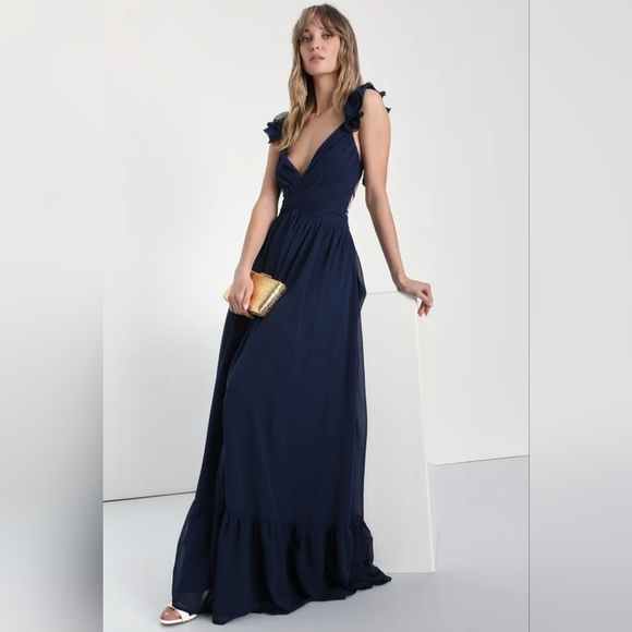 Lulus - Soiree Celebration Navy Blue Ruffled Lace-Up Maxi Dress - Picture 2 of 5